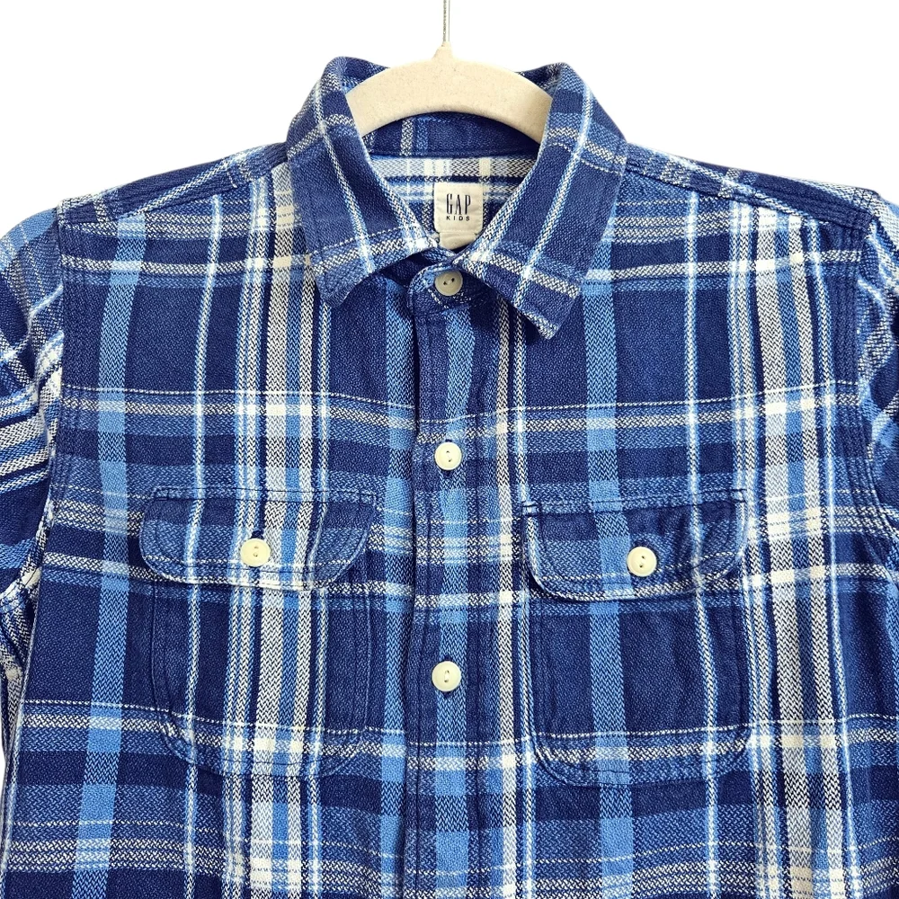 Gap Boys Blue & White Thick Textured Plaid Flannel Button Down Shirt 10-11Y